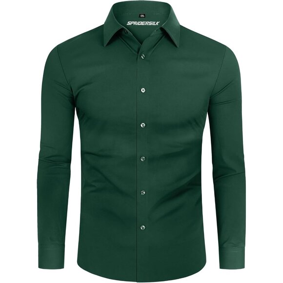 Men's Green Long Sleeve Slim Muscle Fit Wrinkle Free Button Down Dress Shirts - Picture 7 of 8